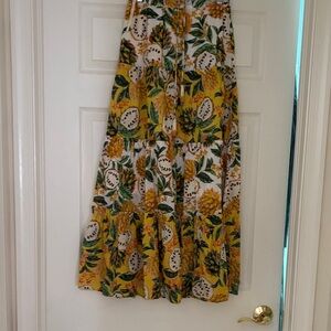 FARM Rio Yellow Tropical Tiered Maxi Skirt with Green Leaf Print